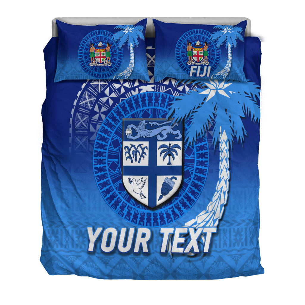 Blue duvet cover with Fiji crest shield, palm fronds, tribal patterns, and YOUR TEXT; 2 pillows