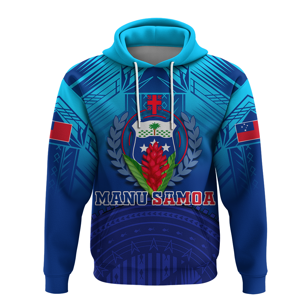 Blue pullover hoodie with teal hood, central crest graphic, side flag accents