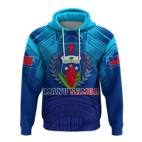 Blue pullover hoodie with teal hood, central crest graphic, side flag accents