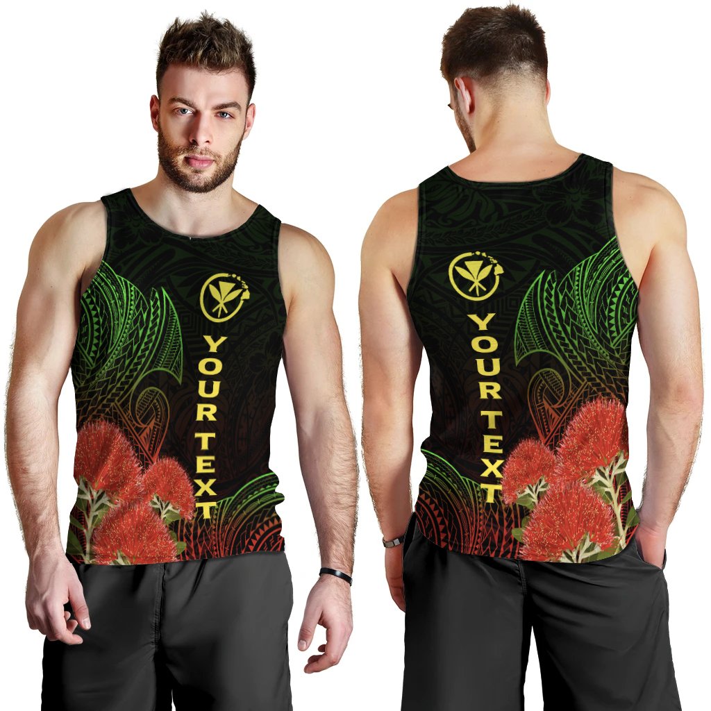 Men’s black tank top: green Polynesian pattern, red ohia lehua blossoms, sleeveless