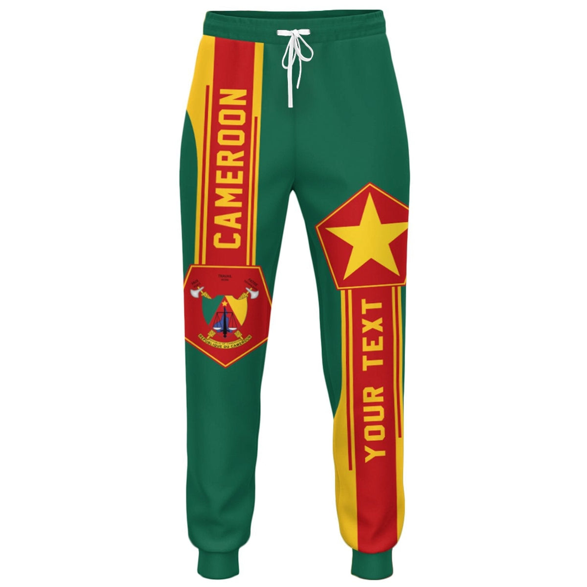 Grüne Joggerhose mit Kordelzugbund und farbigen Cameroon-Pentagon-Prints an den Beinen