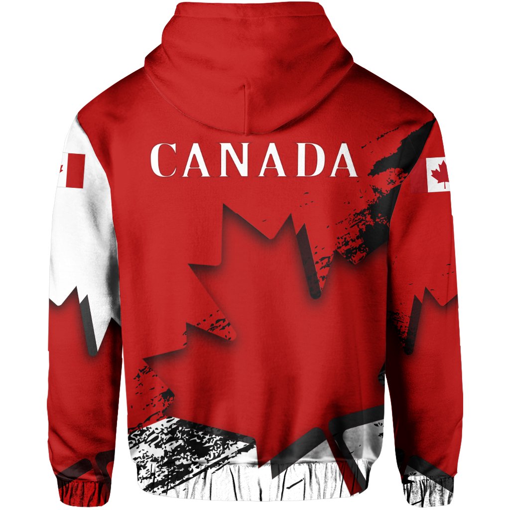 Red hoodie back with large CANADA letters, maple leaf graphic, flag sleeve accents