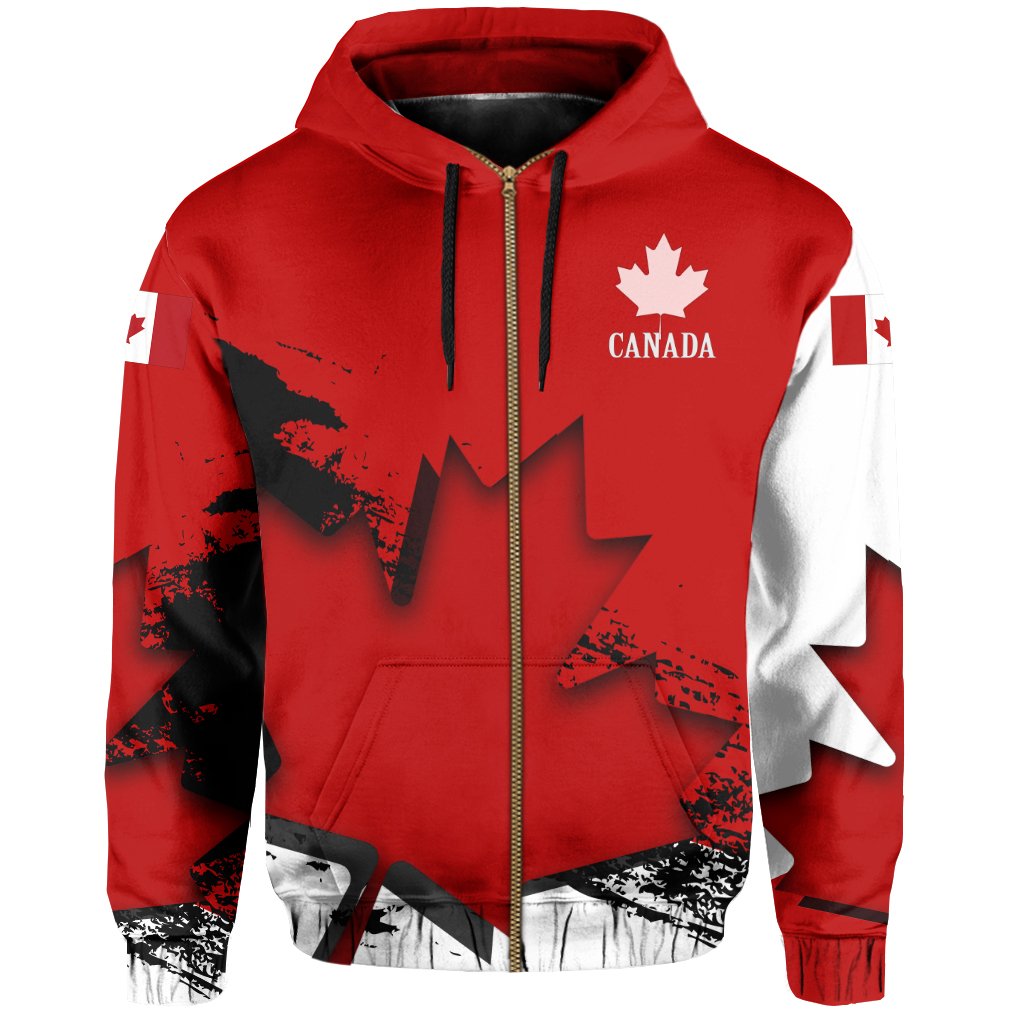 Red zip hoodie with Canada text, maple leaf, and flag stripes; black drawstrings
