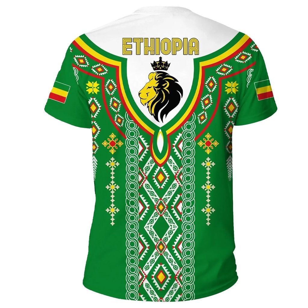 Green back of Ethiopia ethnic print T-shirt with “ETIOPIA” text and lion emblem