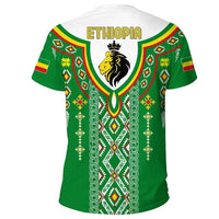 Green back of Ethiopia ethnic print T-shirt with “ETIOPIA” text and lion emblem