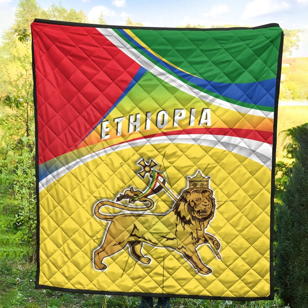 Ethiopia flag quilt, quilted pattern with lion emblem and ETHIOPIA lettering, multicolor