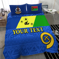 Bedding set with two blue pillows, flag emblem, green-yellow block, and “YOUR TEXT”