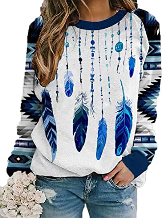 Unisex sweatshirt with white base and blue dreamcatcher feather print, long sleeves