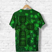 Front view green graphic T-shirt with Celtic cross and shamrock clover accents