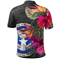 Black polo shirt back with tropical hibiscus and leaf graphics over seal
