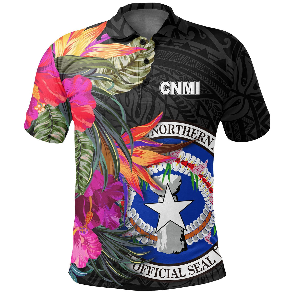 Black polo shirt with hibiscus and tropical leaf print, front button placket