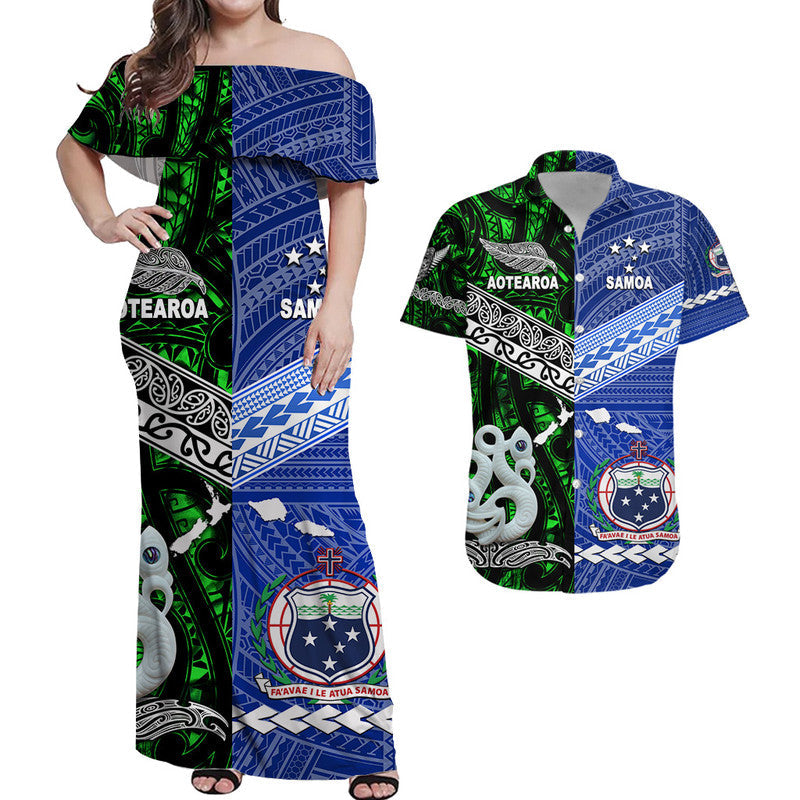 Personalised New Zealand Samoa Matching Hawaiian Outfits For Couples Maori Samoan Tattoo Dress and Hawaiian Shirt - Green LT8 - Wonder Print Shop