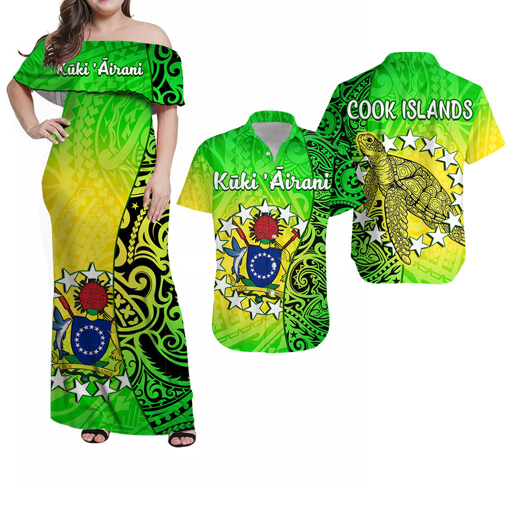 Grünes Off-Shoulder Maxikleid mit tropischem Cook-Islands Turtle-Print