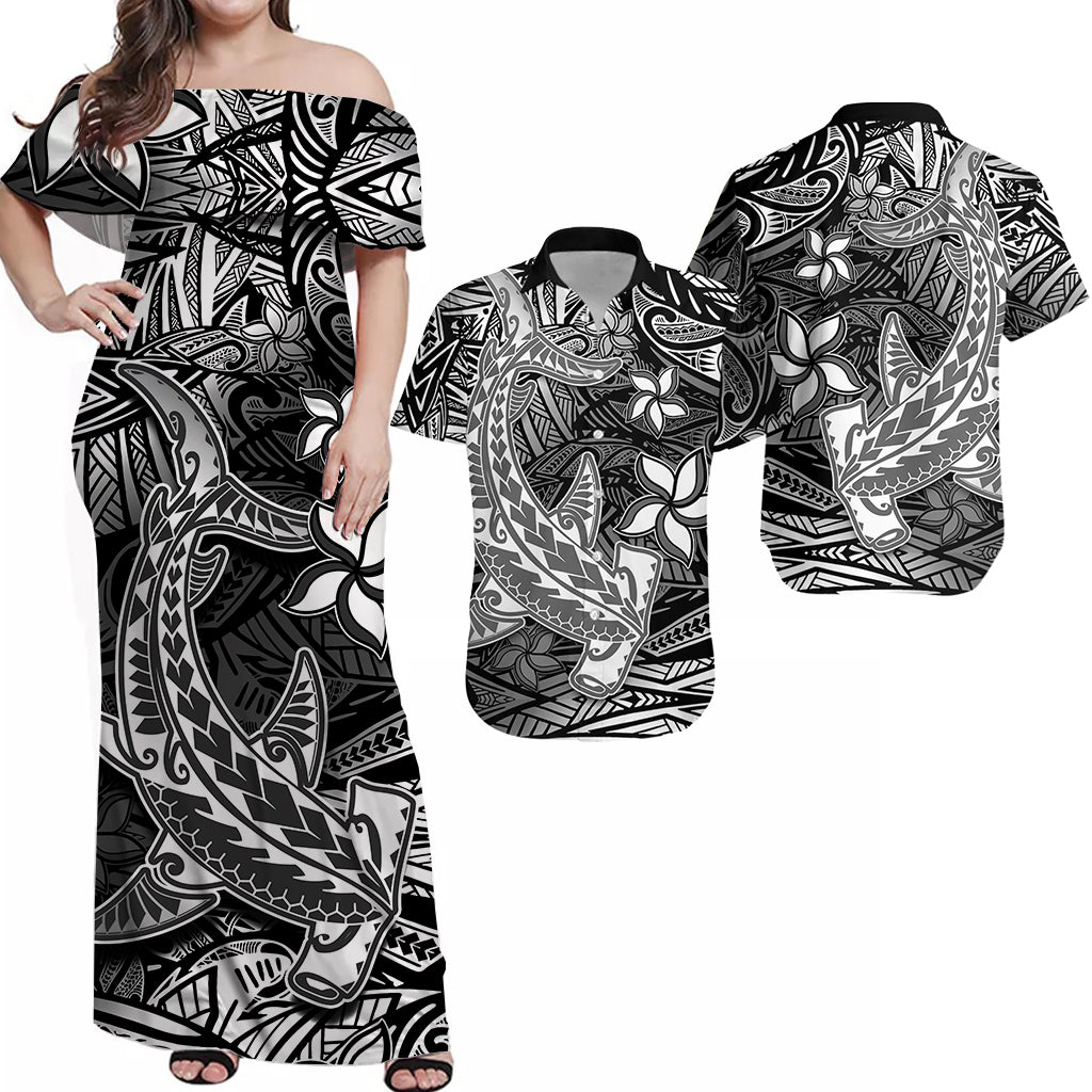 Black Hawaiian off-shoulder dress and matching shirt, white tribal hammerhead print