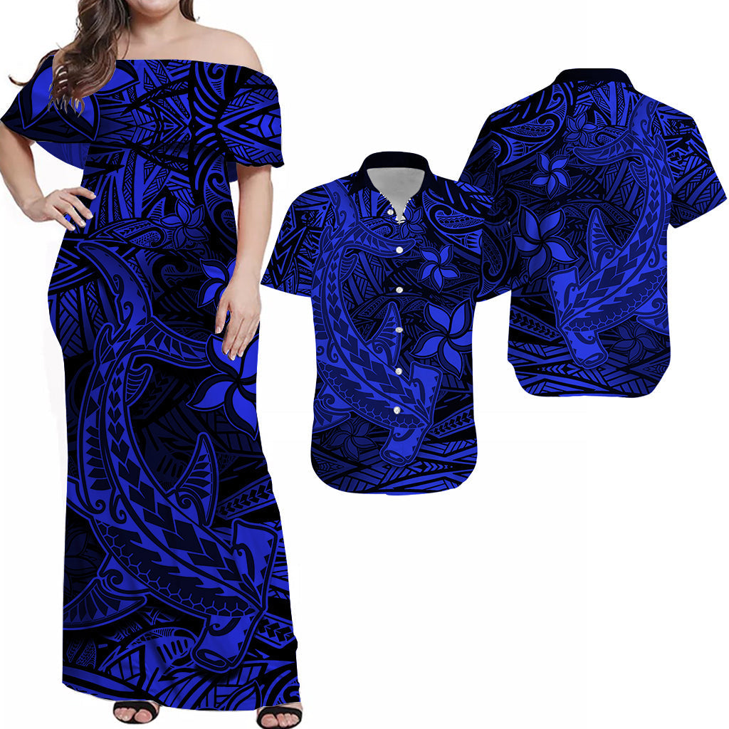 Blue off-shoulder maxi dress with tribal print, with matching short-sleeve shirt