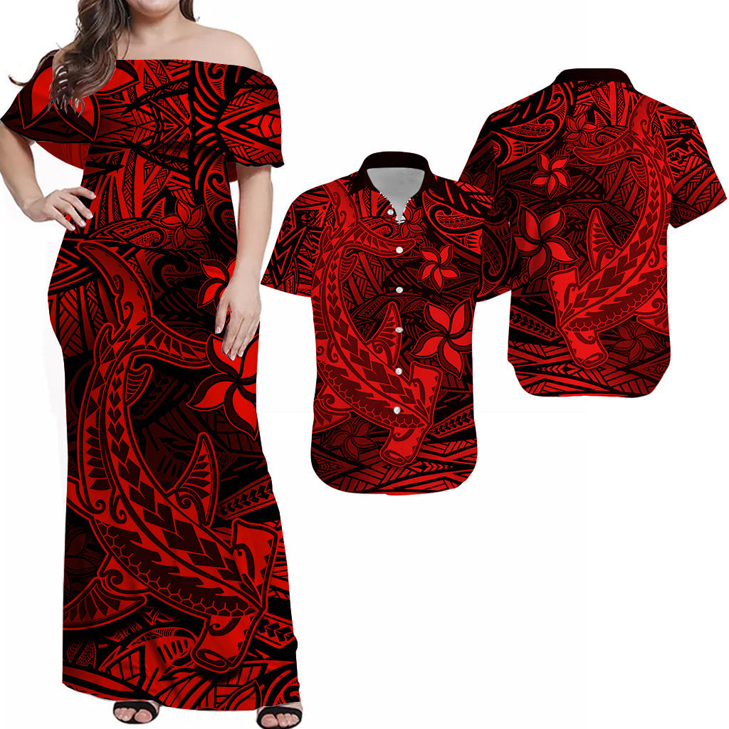 Off-shoulder maxi dress in red and black with tribal pattern and hammerhead graphic.