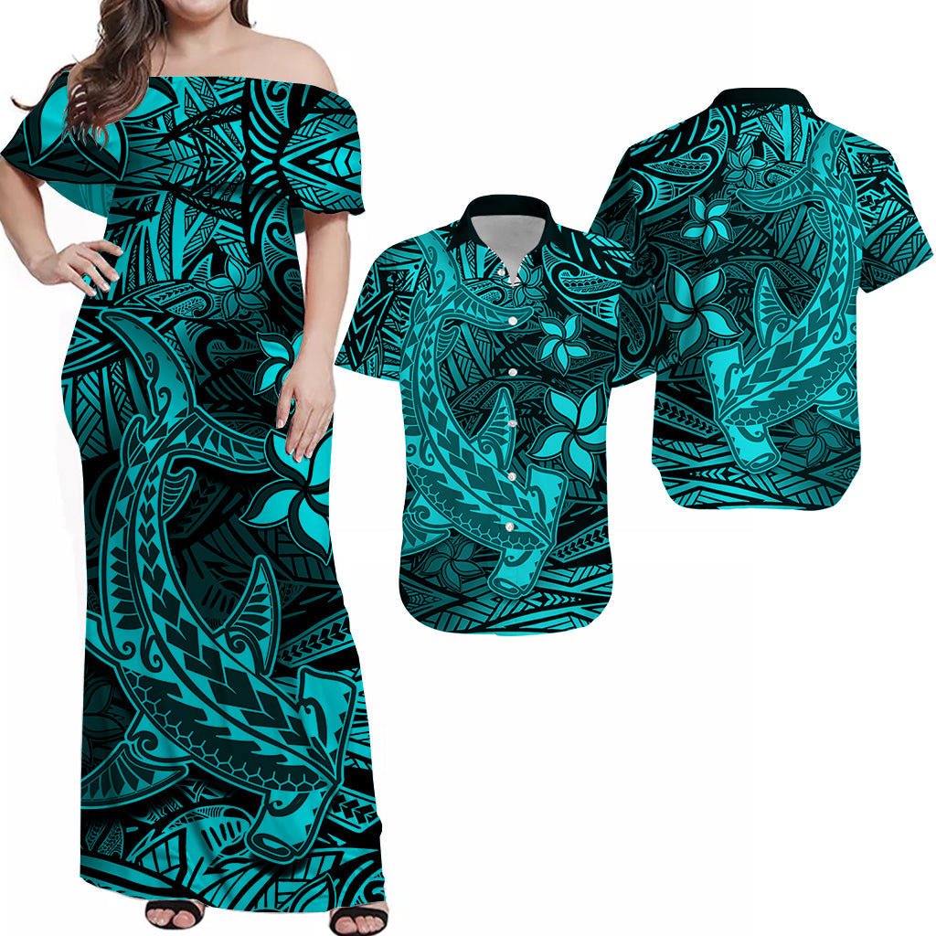 Off-shoulder maxi dress with turquoise tribal shark print on dark fabric