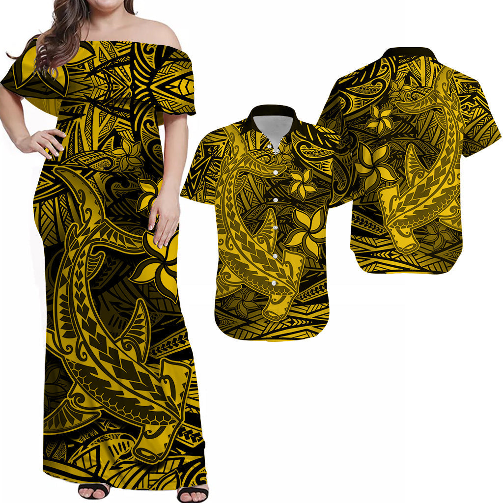 Off-shoulder Hawaiian dress in dark fabric with gold tribal floral print, long maxi length