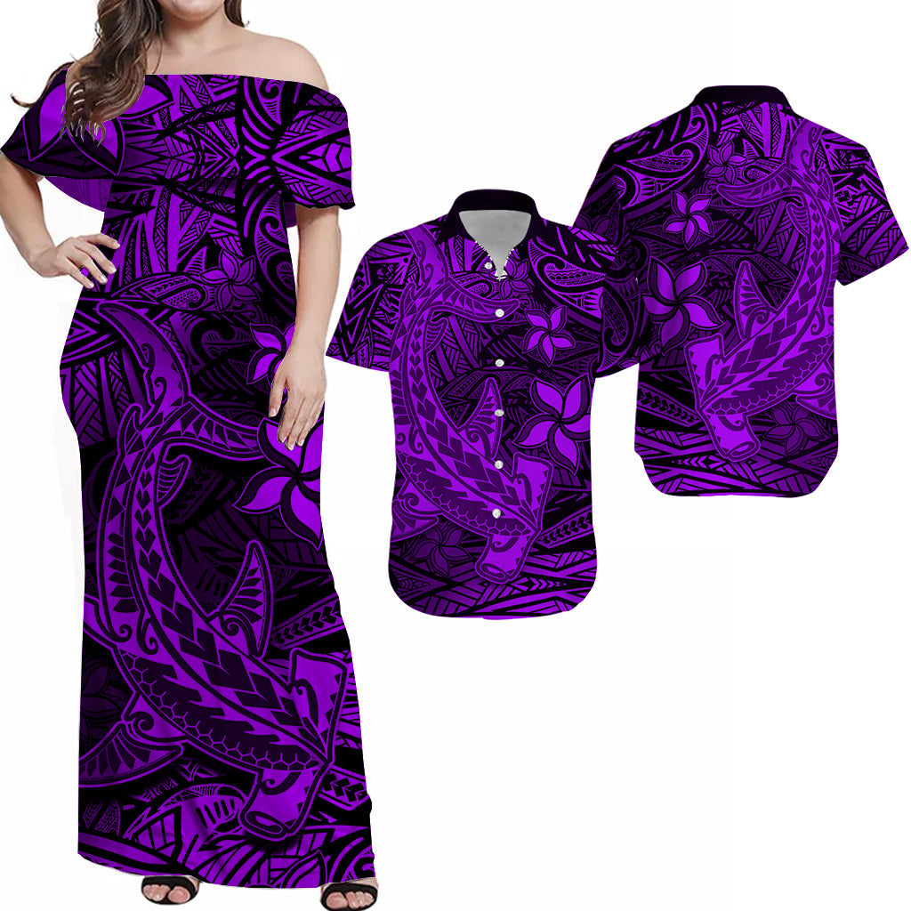 Purple off-shoulder maxi dress with tribal hammerhead shark print