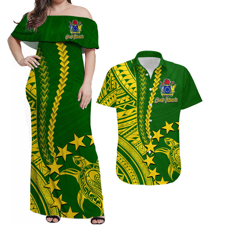 Green off-shoulder maxi dress with yellow tribal patterns and star accents