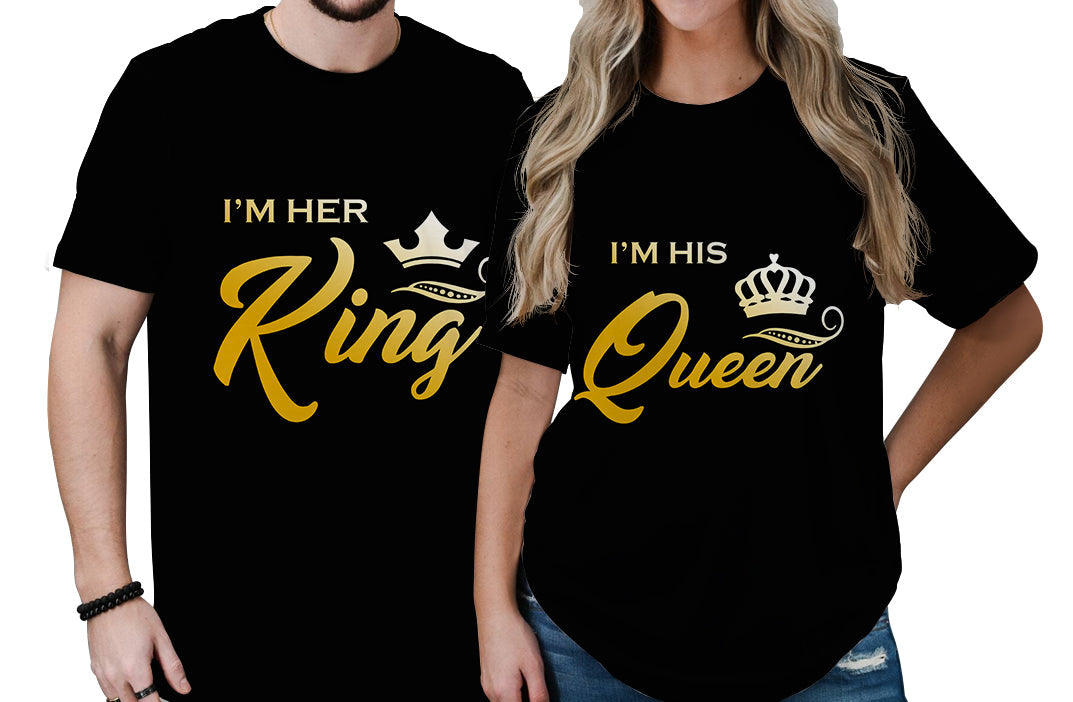Black couple T-shirts with gold 'I'm Her King' and 'I'm His Queen' crown graphics