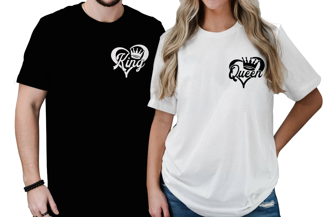 Couple T-shirt set: black men’s tee with King crown emblem, white women’s tee with Queen.