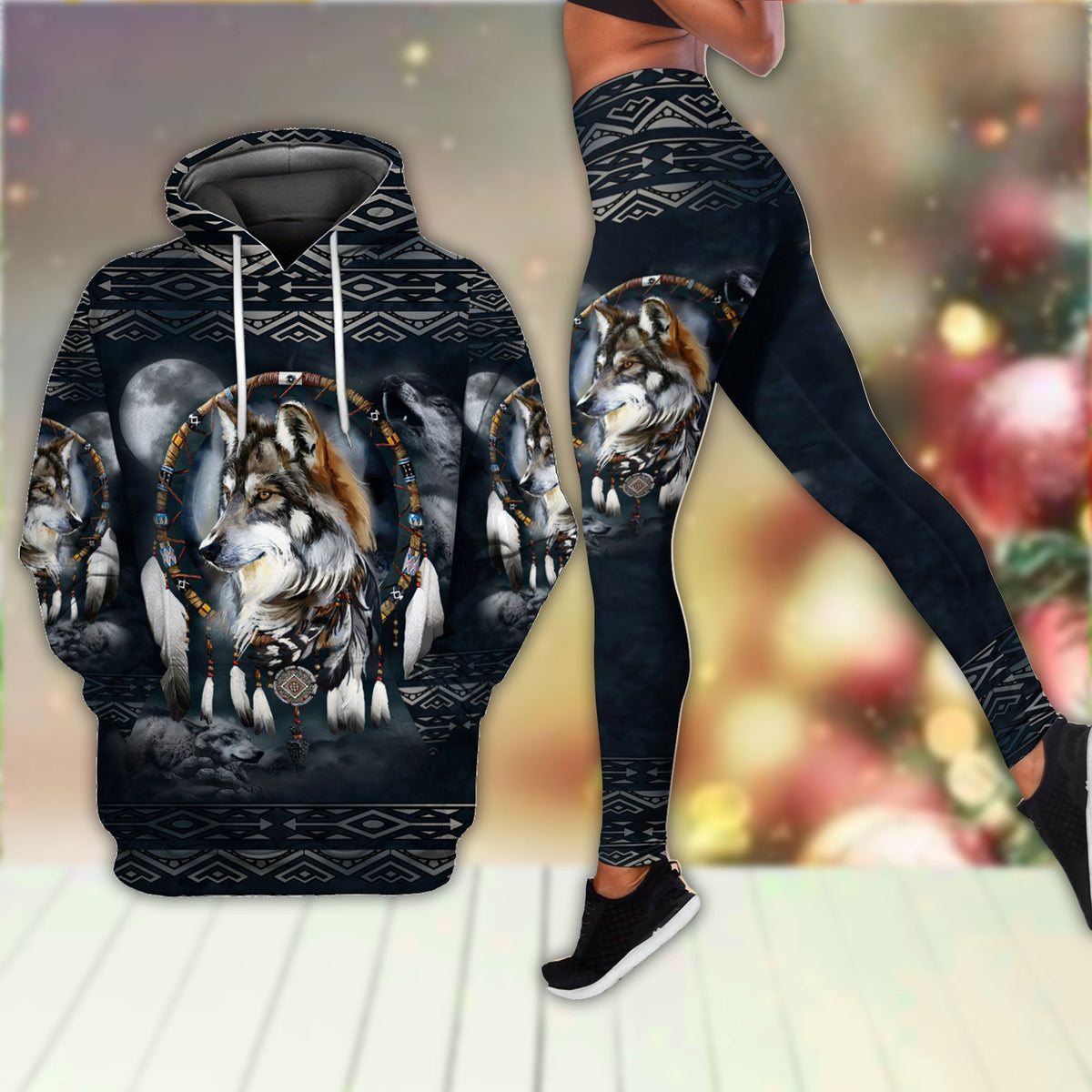 All-over printed hoodie and leggings set with wolf face and tribal patterns, dark base