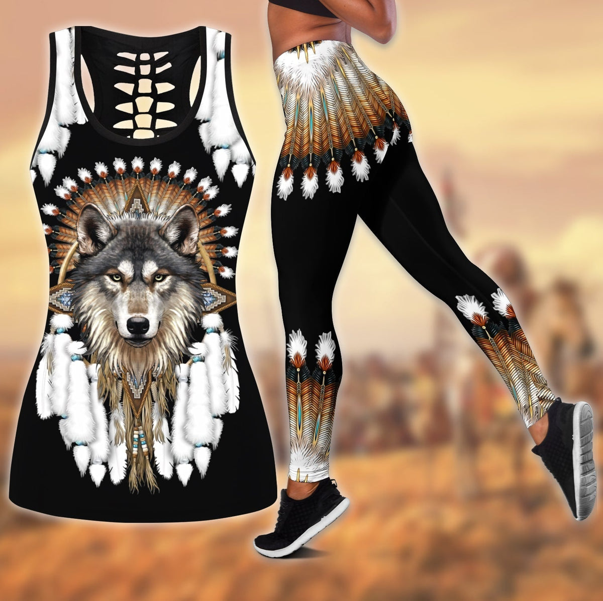 Black all-over printed leggings and hollow tank combo with wolf and feather graphic