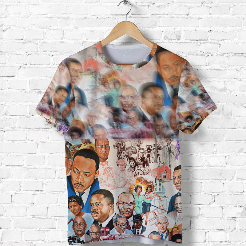 White crewneck T-shirt with multicolor civil rights leaders collage graphic front