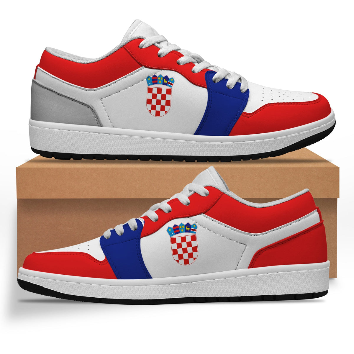 Low sneakers in white with red and blue panels, lace-up, Croatia crest detail