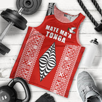 Red rugby tank top with scoop neck, Mate Ma’a Tonga text and tribal shield graphic