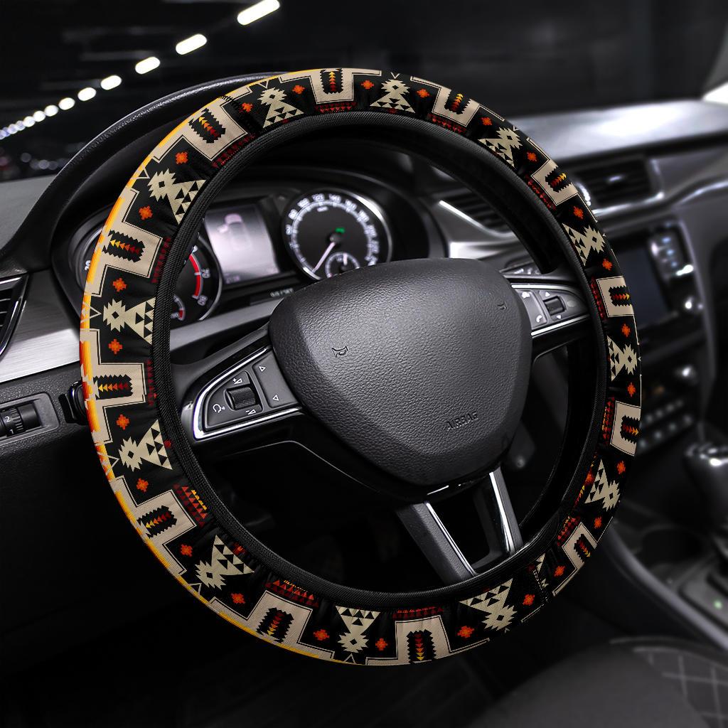 Steering wheel wrap with multicolor Native American geometric pattern on black