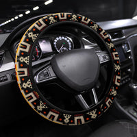 Steering wheel wrap with multicolor Native American geometric pattern on black
