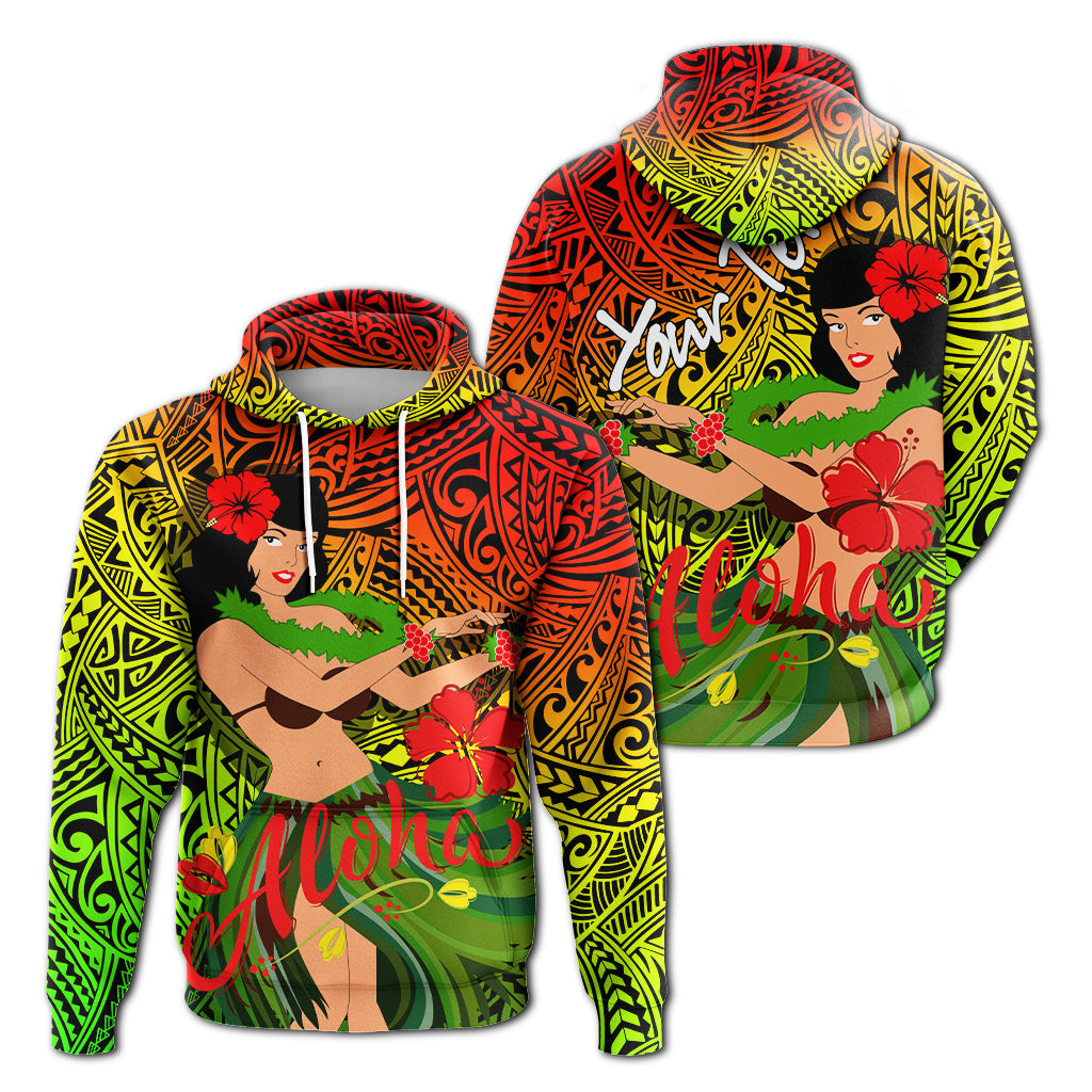 Set of two hula girl reggae hoodies with Aloha graphics and tribal patterns