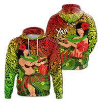 Set of two hula girl reggae hoodies with Aloha graphics and tribal patterns