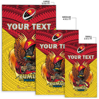 Rug size chart: small 3x5, medium 4x6, large 5x8 with red “YOUR TEXT” banner