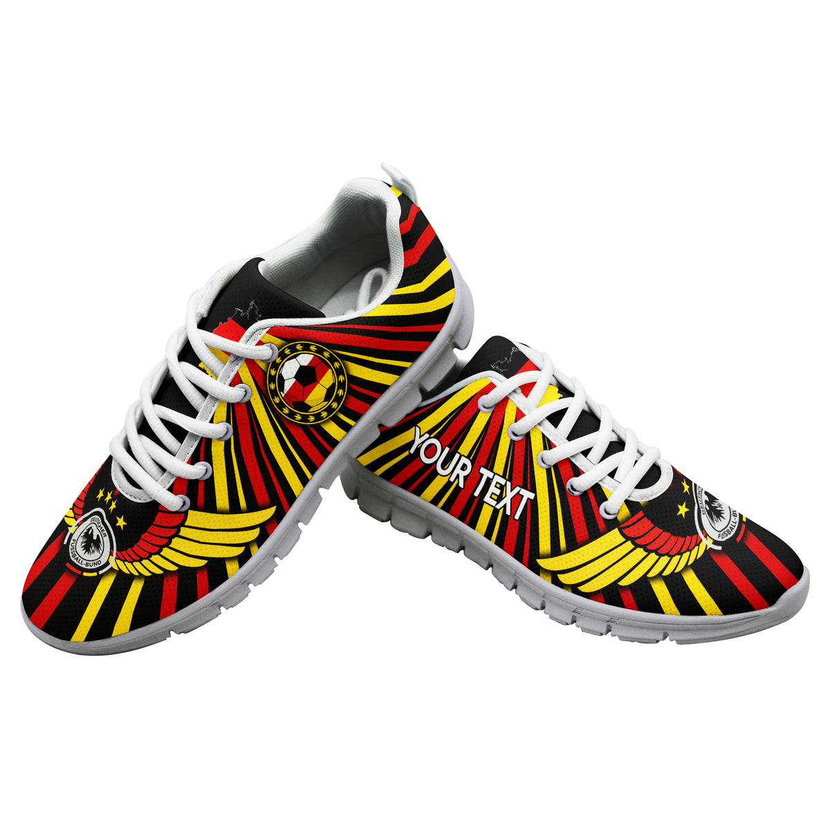Custom Germany World Cup 2022 sneakers, striped crest graphic, white laces, grey tread