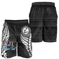 Men's black Fiji rugby shorts with tribal tapa pattern and BATI crest, elastic waist