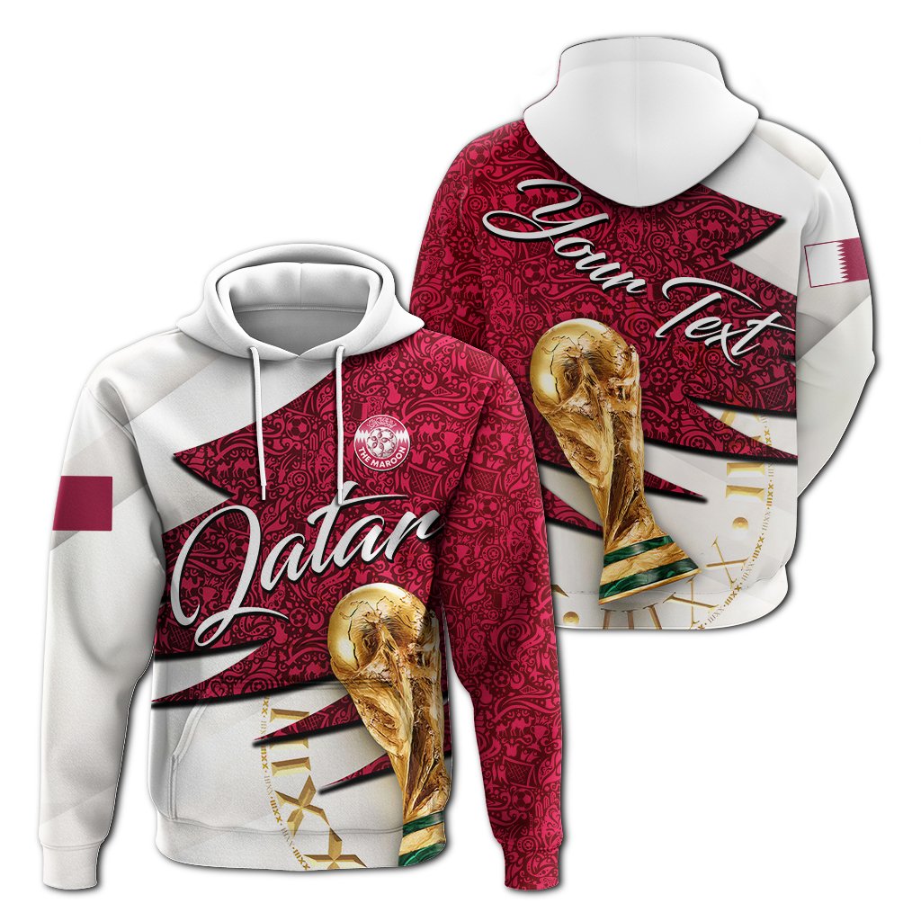 Custom Qatar football team hoodie, white and deep magenta with graphic print and hood