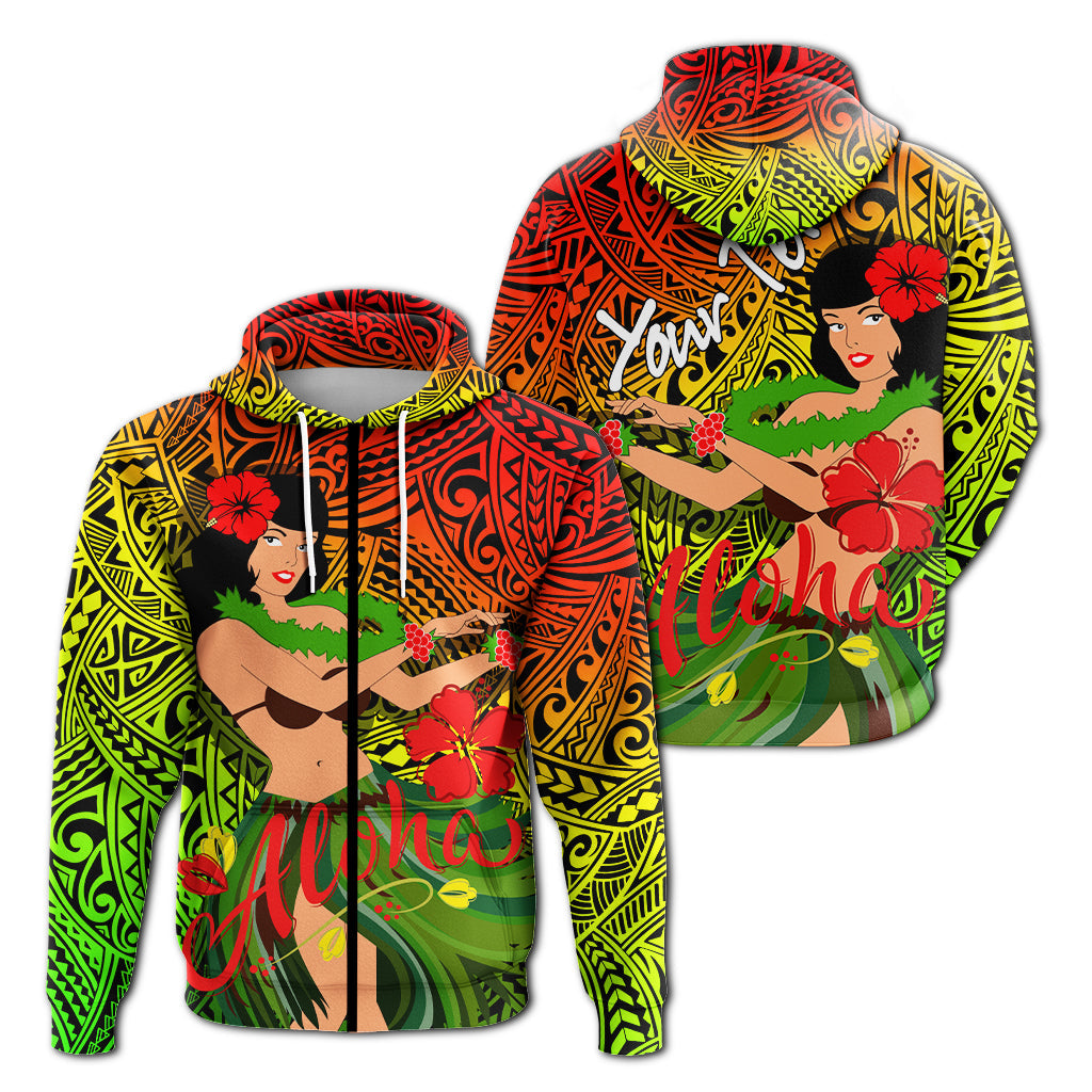Hula girl reggae hoodie with colorful tribal pattern and Aloha graphic