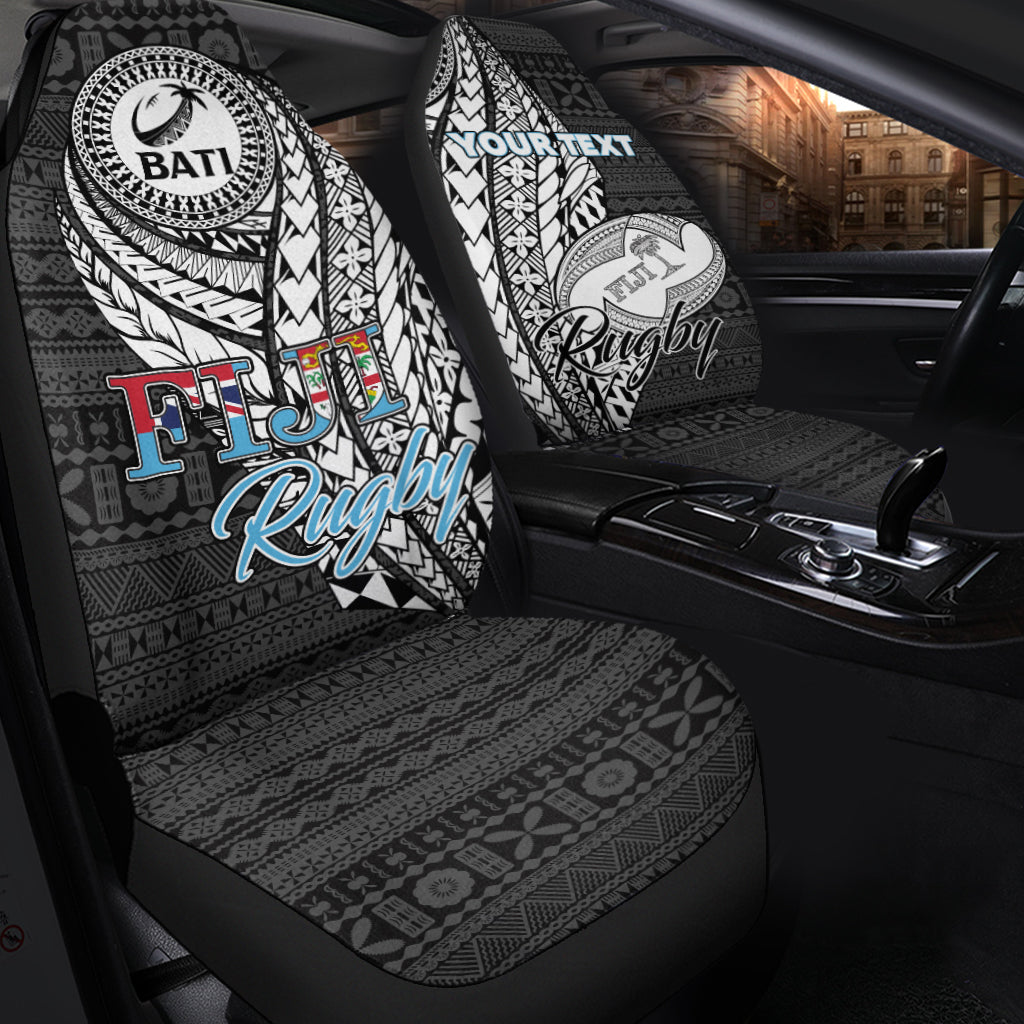 Black Fiji rugby bati tapa seat covers on car seats, full front and base prints