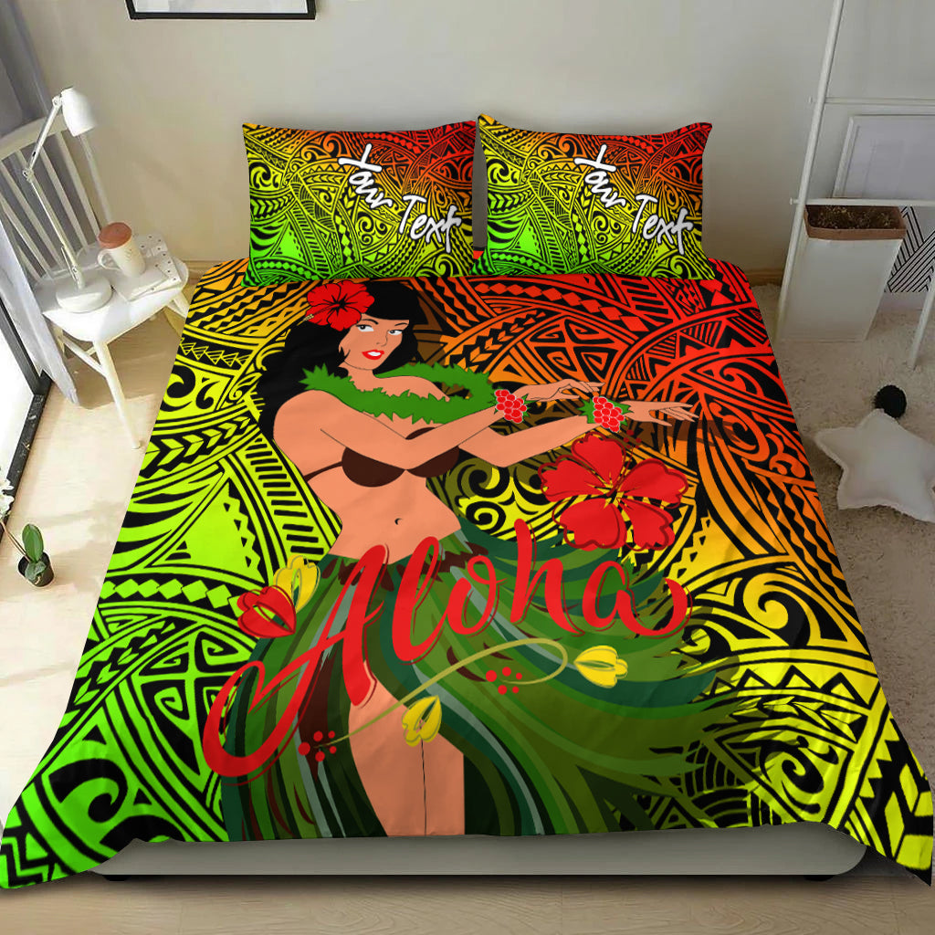 Hula girl duvet and pillows with green/red/gold tribal graphics and Aloha lettering