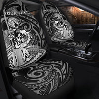 Black car seat covers with large tribal warrior graphic and custom text on front seats