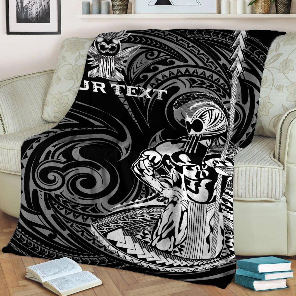 Black personalized warrior blanket with bold white tribal patterns and “YOUR TEXT”