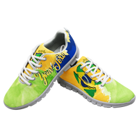 Sneakers with green, yellow, and blue upper, white laces, light sole.