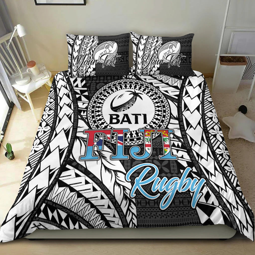 Fiji rugby tapa bedding set: BATI Rugby text and feather graphic with 2 pillowcases
