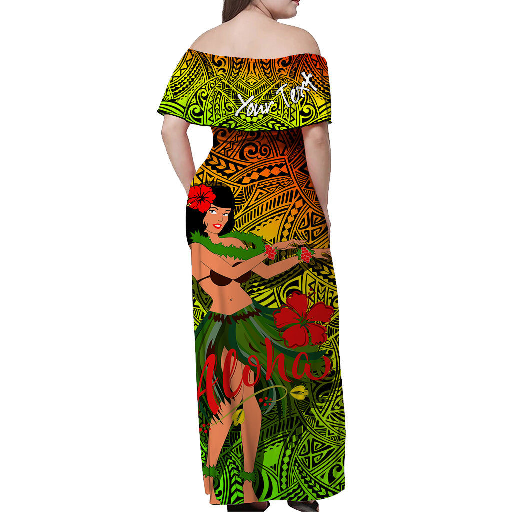 Back off-shoulder maxi dress with hula-style tribal and floral print on green base
