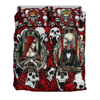 Skull and rose bedding set, crowned skull patterns and couple portraits, red and black