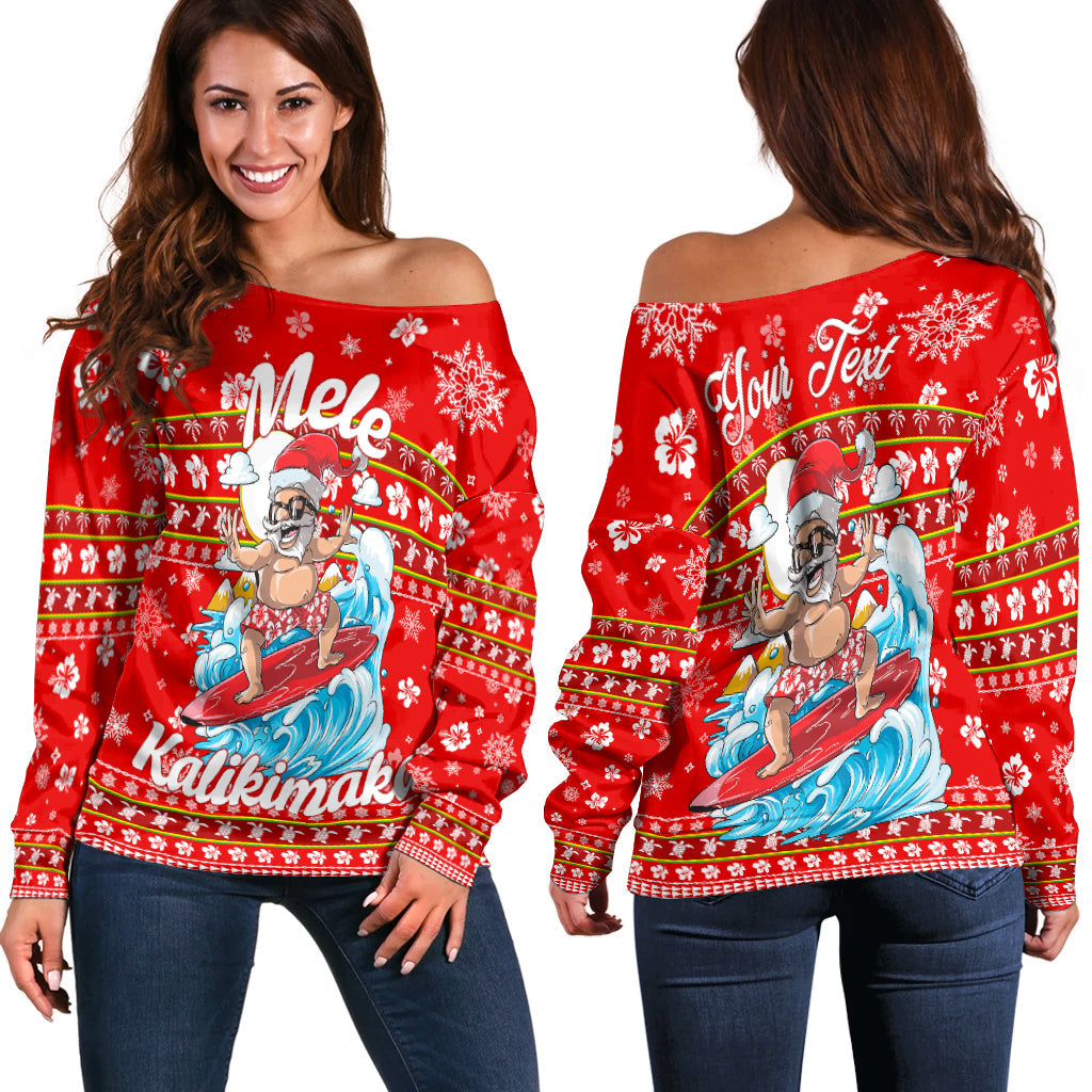 Red off-shoulder sweater with surf Santa and festive snowflake print