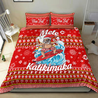 Red duvet cover and pillow set with surf Santa, “Mele” and “Kalikimaka” lettering